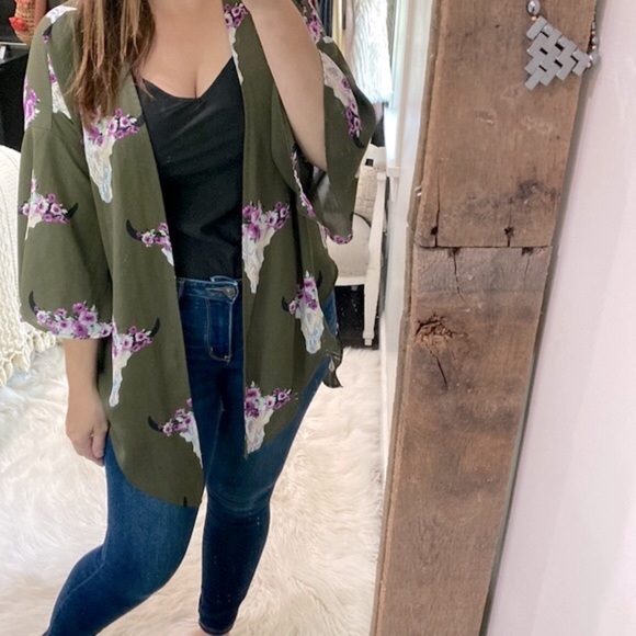 Peach Love green Texas longhorn floral print kimono size small - Picture 5 of 11